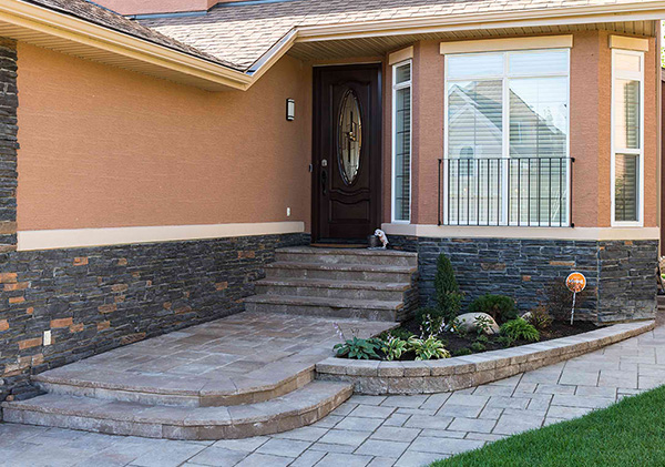 Front yard step and patio design in the landscaping.